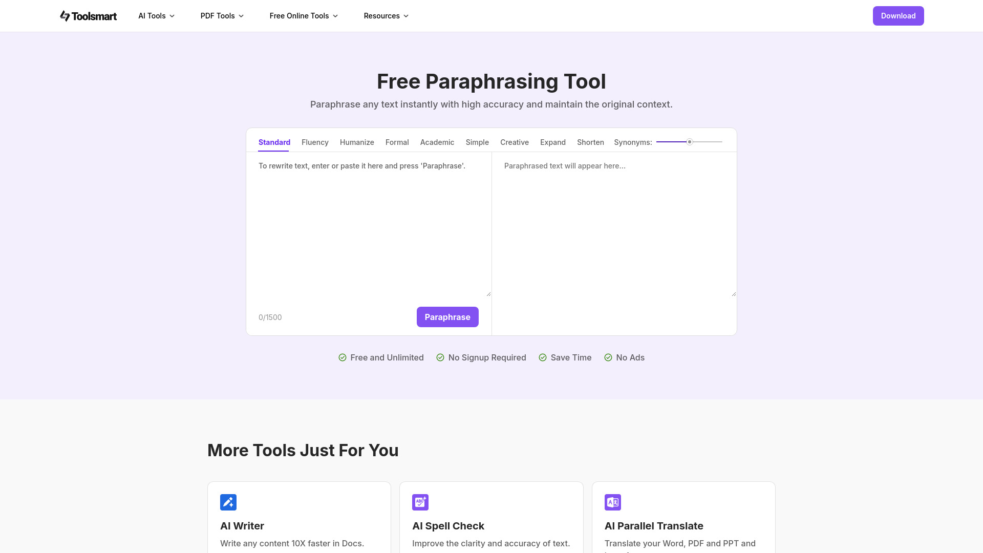 Free Paraphrasing Tool-Toolsmart Screenshot